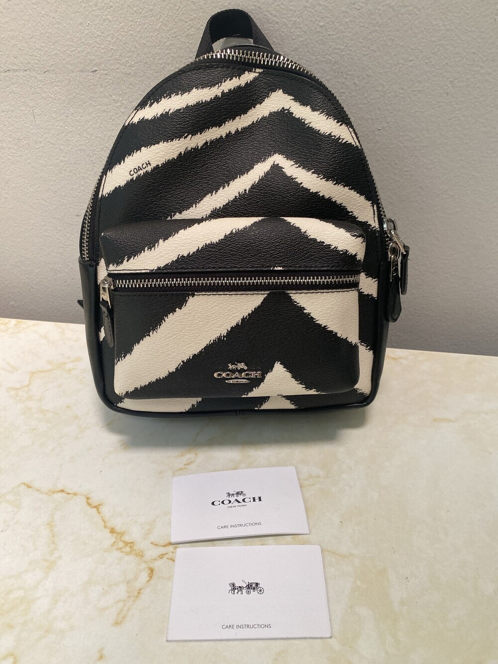 New Coach Leather Charlie Zebra Print Mini Backpack Black White